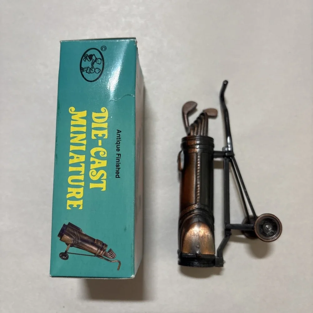 VTG Mini Pencil Sharpener Bronze Die Cast Metal Golf Bag Clubs /w Box EUC